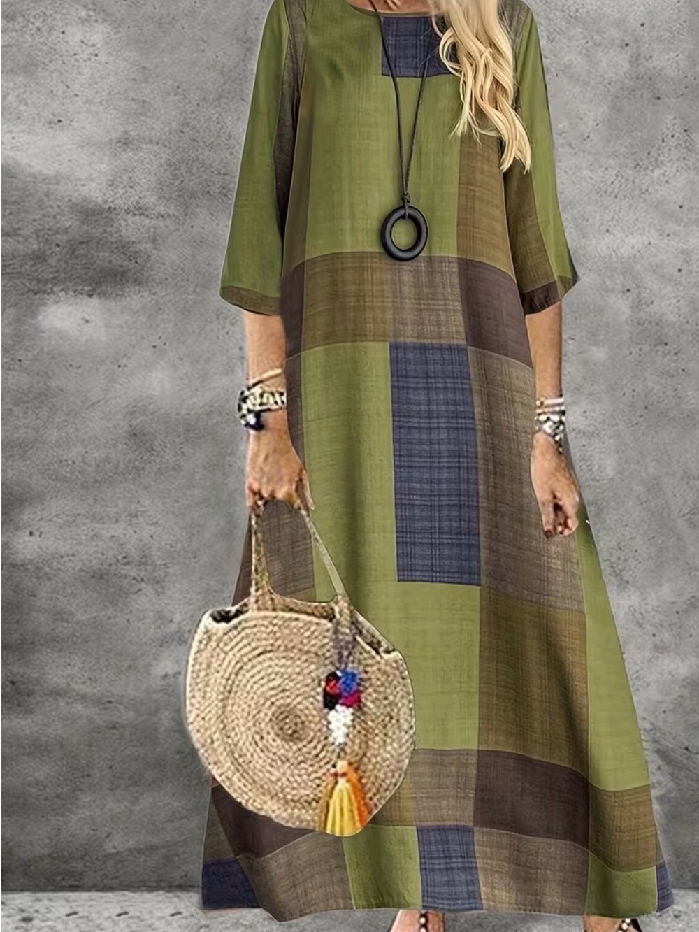 Olive Green Plaid Maxi Dress - Casual Loose Fit